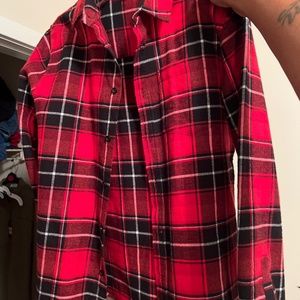 Red and black button down shirt
